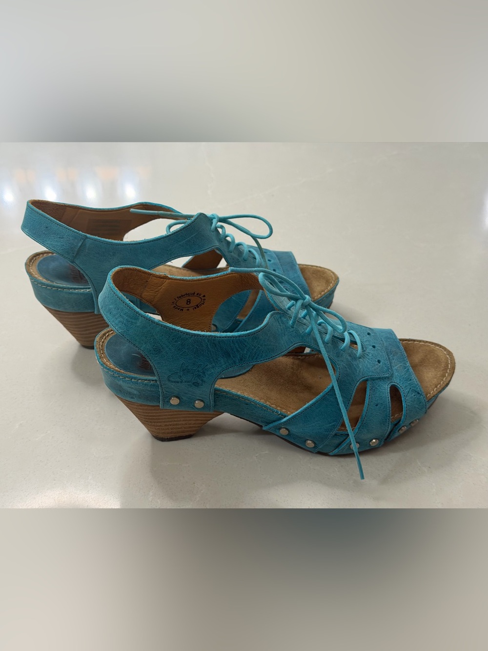 John Fluevog Joni Teal Blue Leather Wood Platform Lace Up Low Rule Sandals, 8